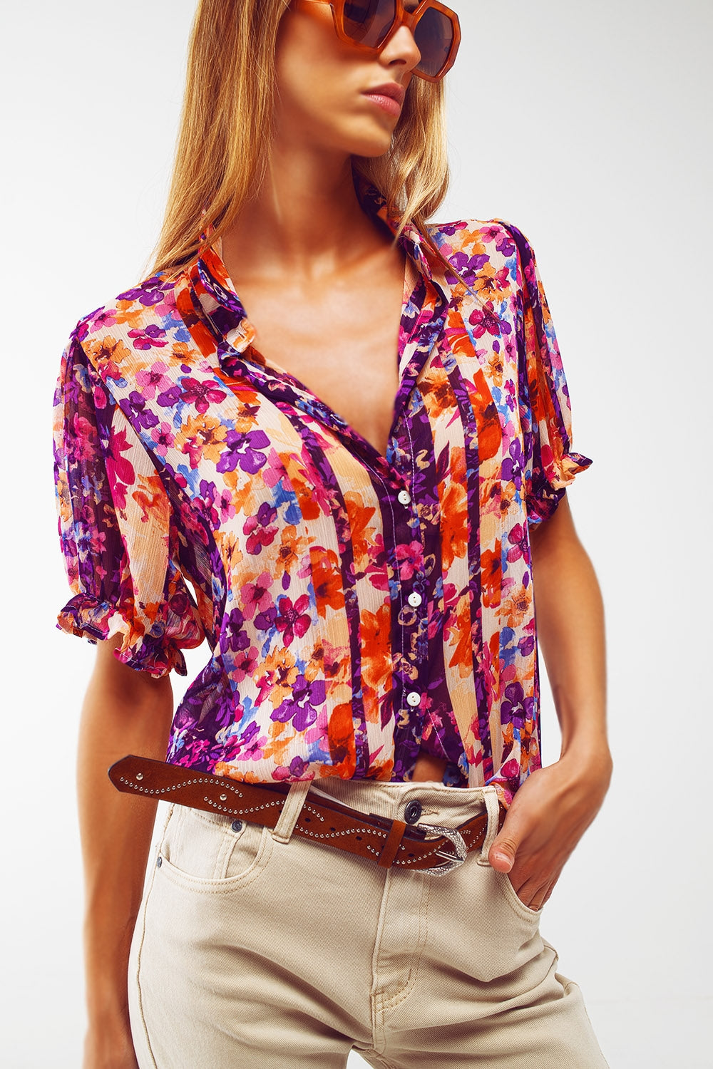 Button Down Shirt with Floral Print and Puff Short Sleeves