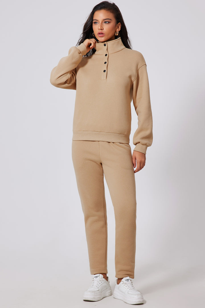 Half Snap Turtleneck Top and Pants Active Set Taupe