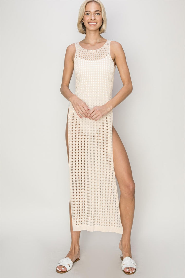 Beige Crochet Backless Cover Up Dress