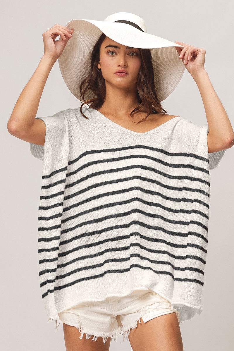 Black Striped V-Neck Short Sleeve Top