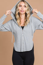 Grey Full Size Ribbed Zip Up Drawstring Hooded Jacket