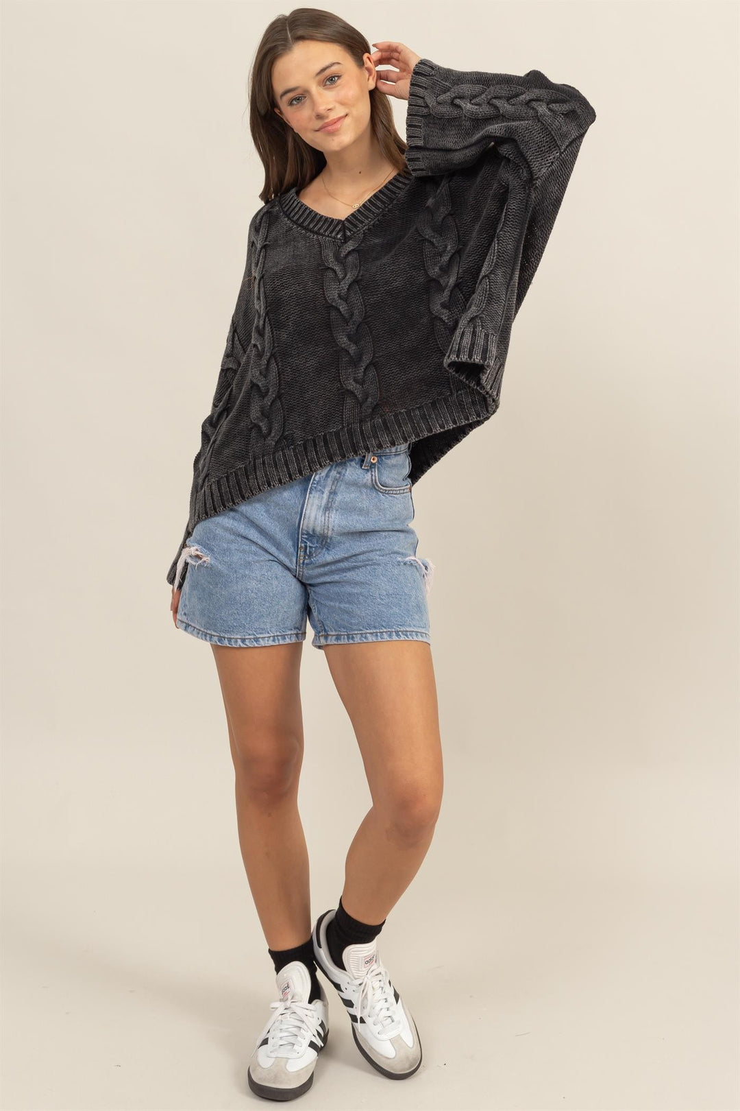 Charcoal Cable Knit V-Neck Dropped Shoulder Oversized Sweater