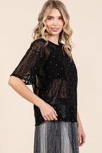 Black Round Neck Drop Shoulder Mesh Glitter Top