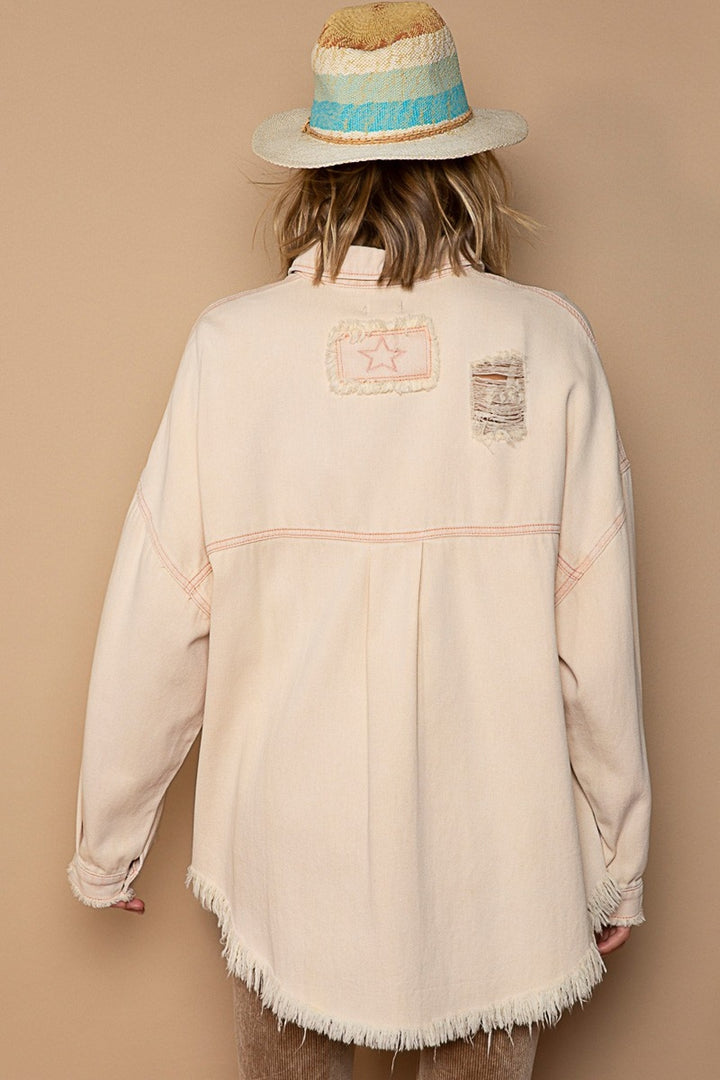 Beige Pink Button Down Raw Hem Distressed Shacket