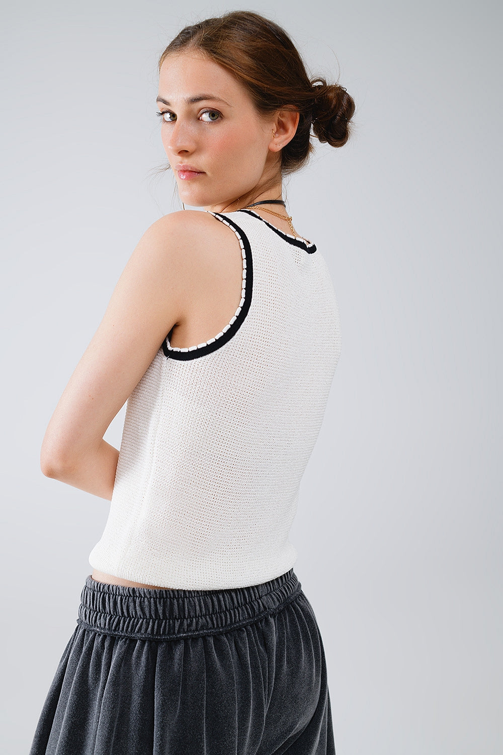 Pointelle White Sleeveless Top with Black and White Trim Detail