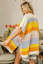 Openwork Striped Open Front Knit Cardigan