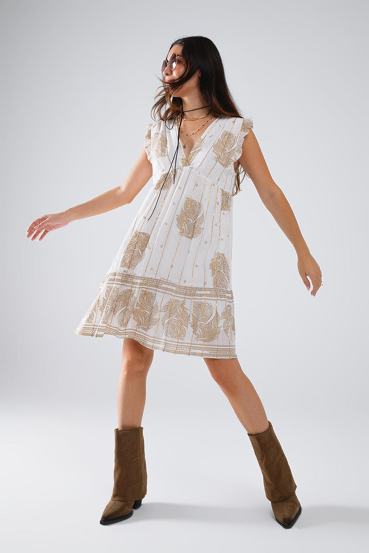 Short Babydoll Dress with Leaf Print and Lurex Thread in  White