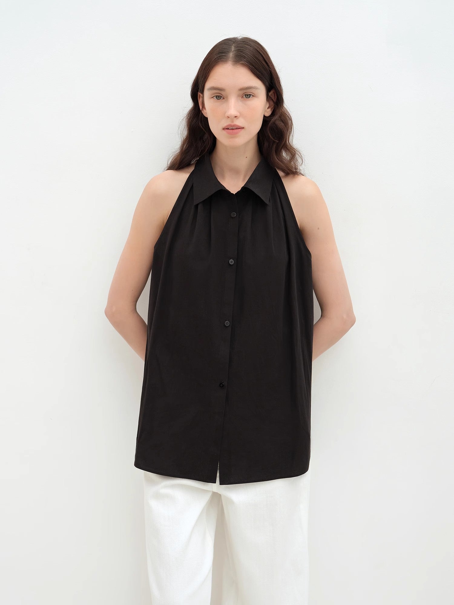 Stand-Up Collar Sleeveless Striped Shirt 'Poland Island' Pure Cotton