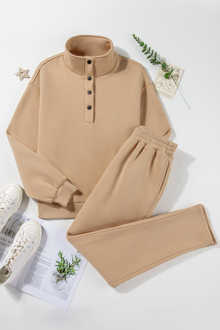 Half Snap Turtleneck Top and Pants Active Set Taupe