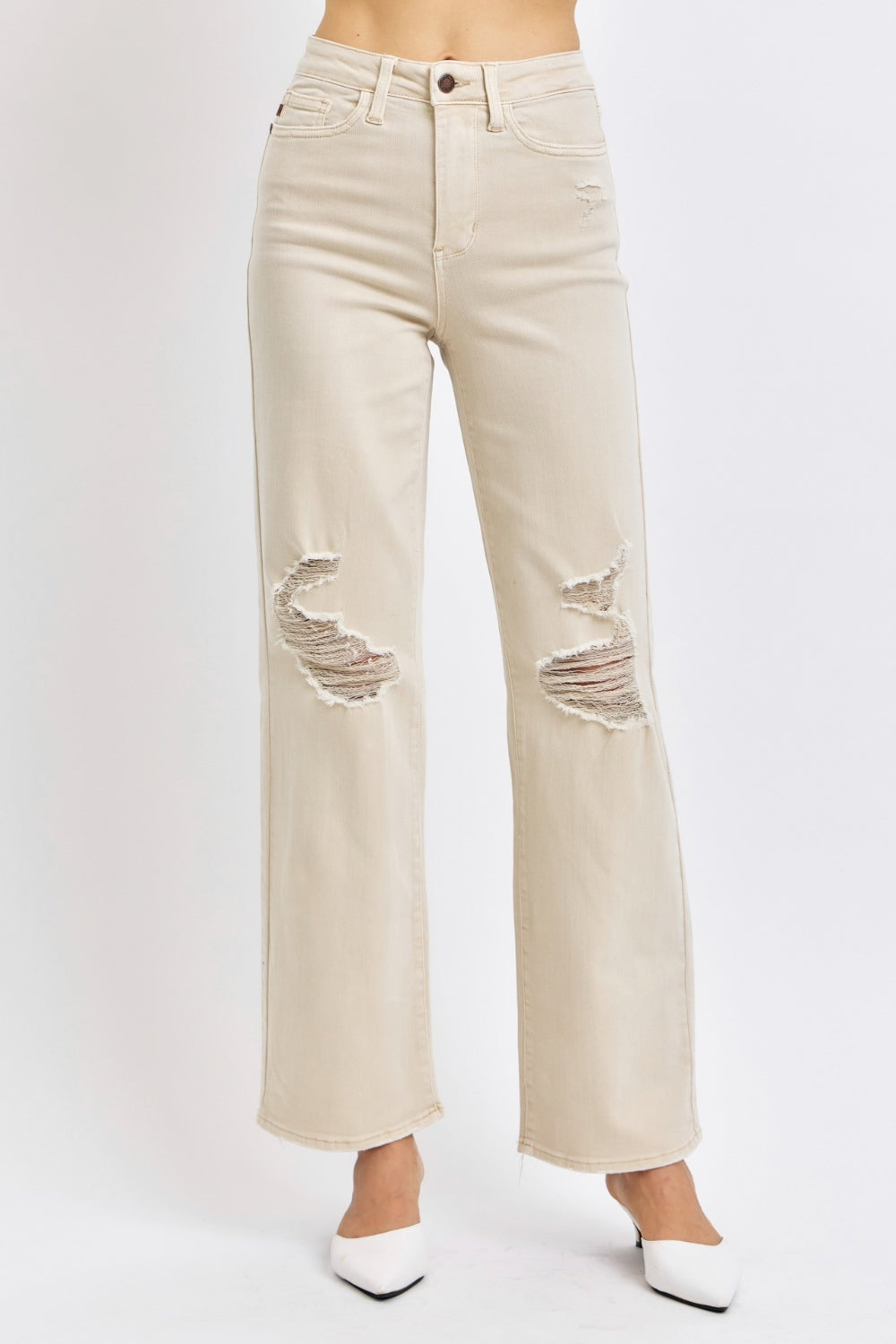 Beige Bone Full Size High Waist Distressed Wide Leg Jeans