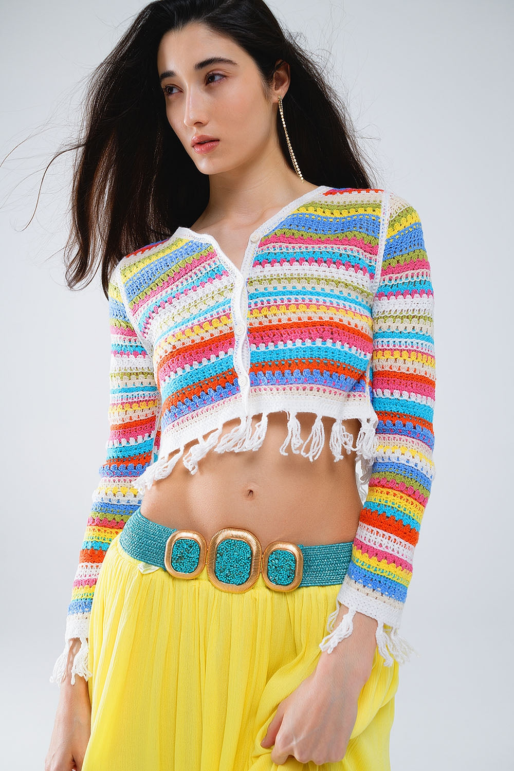 Cropped Crochet Cardigan in Multicolor Stripe