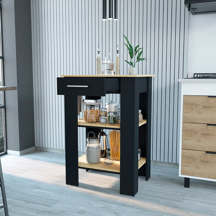 Kitchen Island 23" Dozza with Single Drawer and 2-Tier Shelves Black/Light Oak