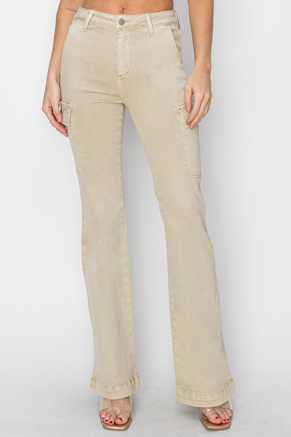 Beige Stone High Rise Side Slit Cargo Bootcut Jeans