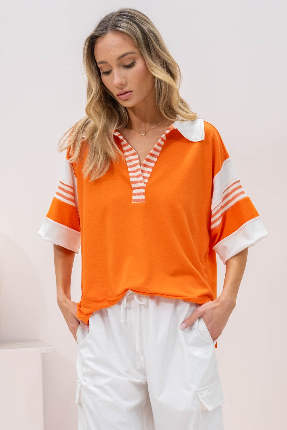 Orange Full Size Contrast Stripe Polo Shirt