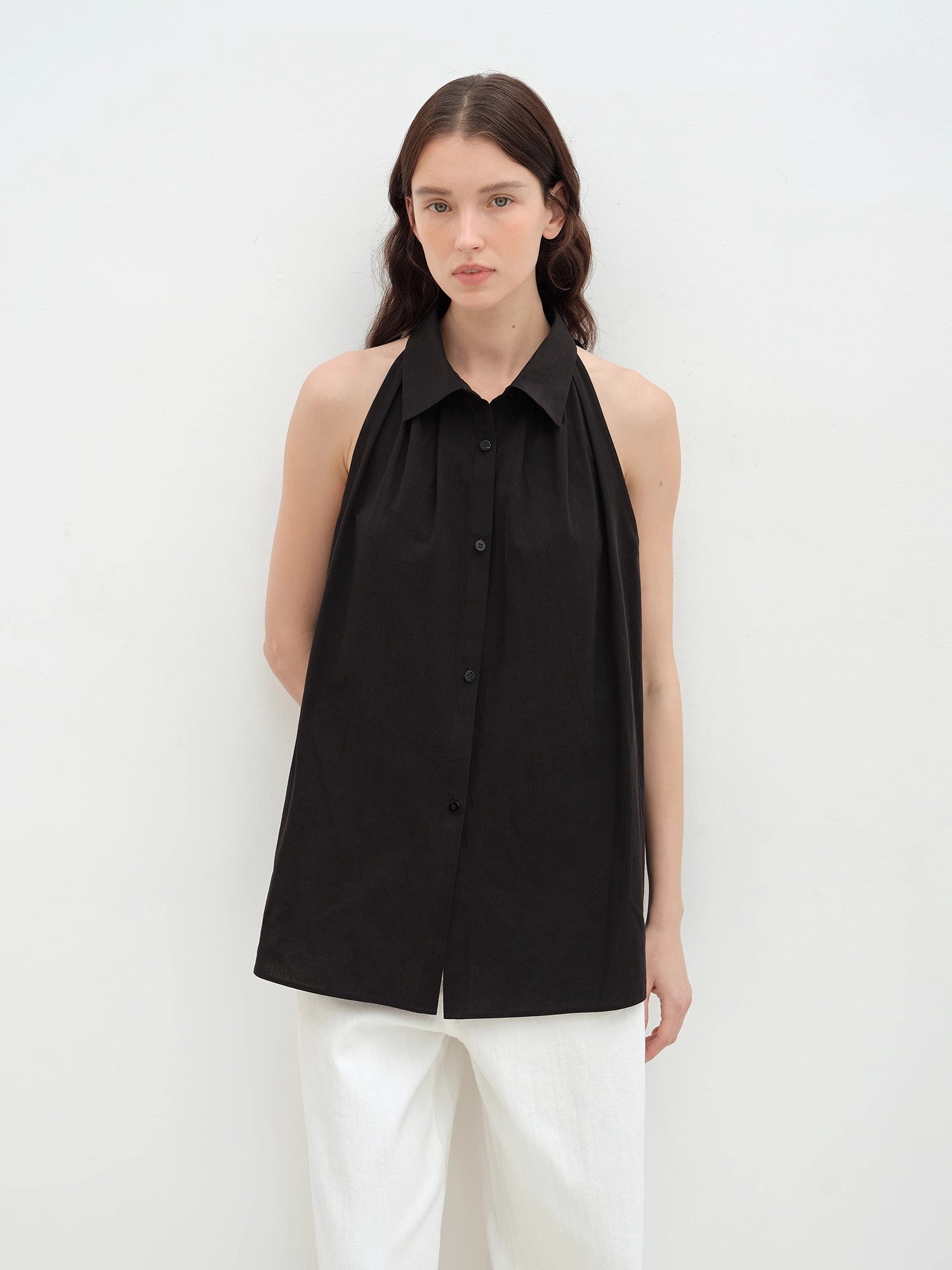 Stand-Up Collar Sleeveless Striped Shirt 'Poland Island' Pure Cotton