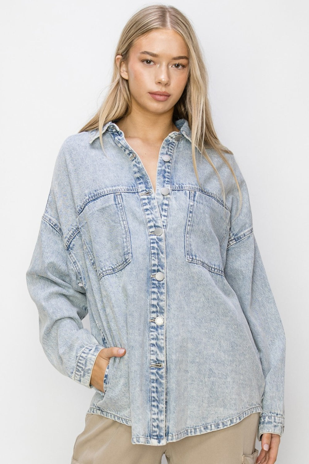 Acid Light Button Up Long Sleeve Shacket