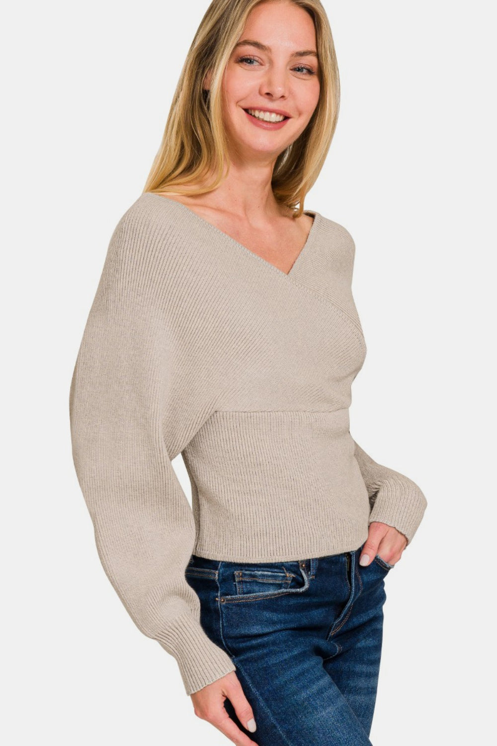 Mocha Cross Wrap Rib Long Sleeve Sweater