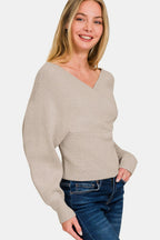 Mocha Cross Wrap Rib Long Sleeve Sweater