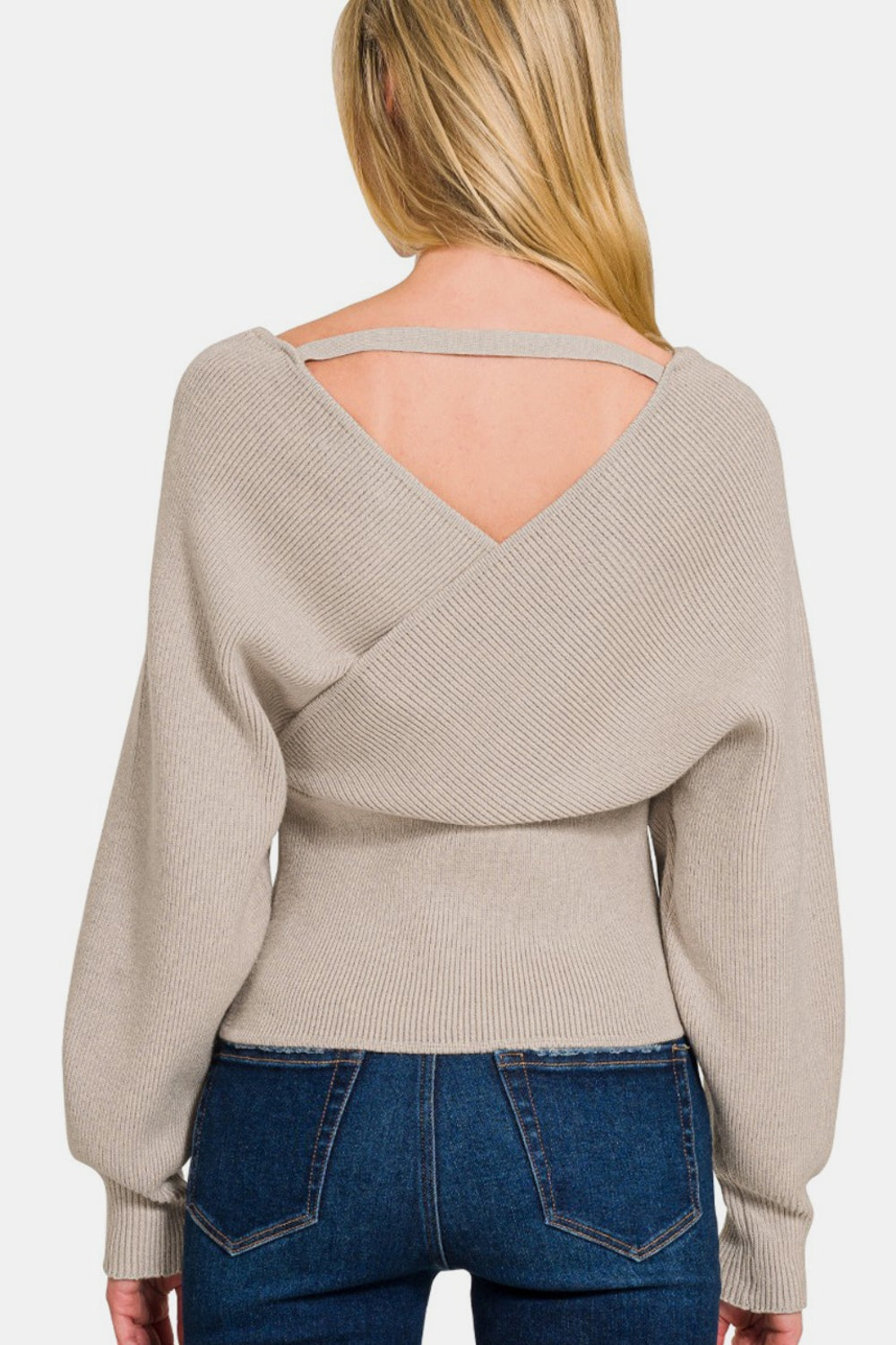 Mocha Cross Wrap Rib Long Sleeve Sweater