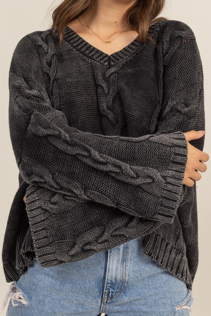 Charcoal Cable Knit V-Neck Dropped Shoulder Oversized Sweater