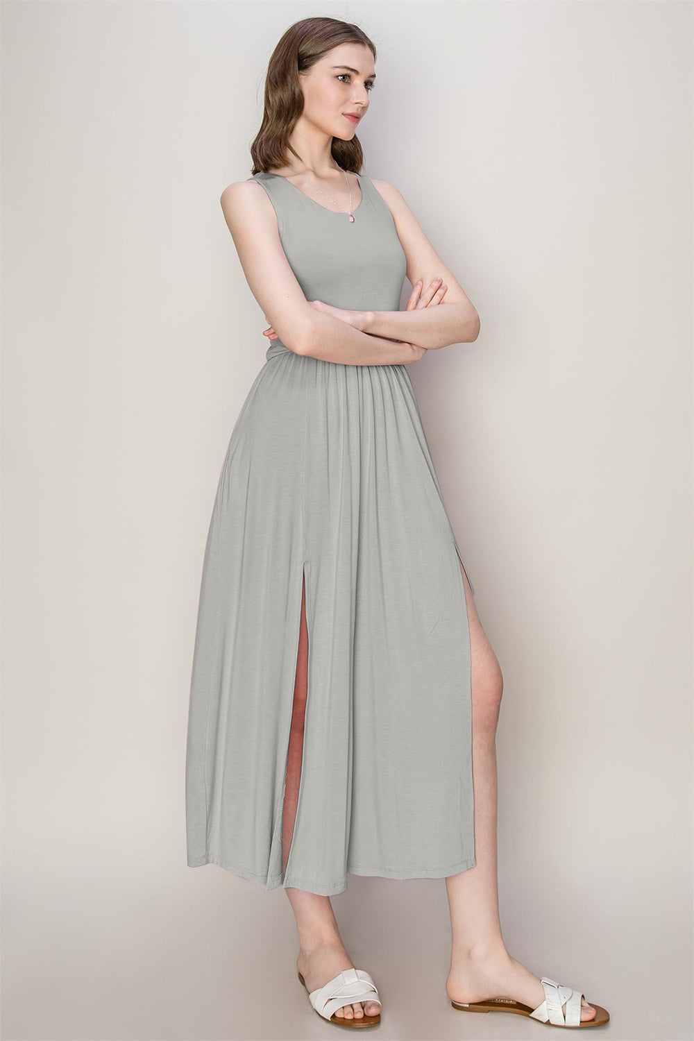 Gray Sleeveless Slit Midi Dress