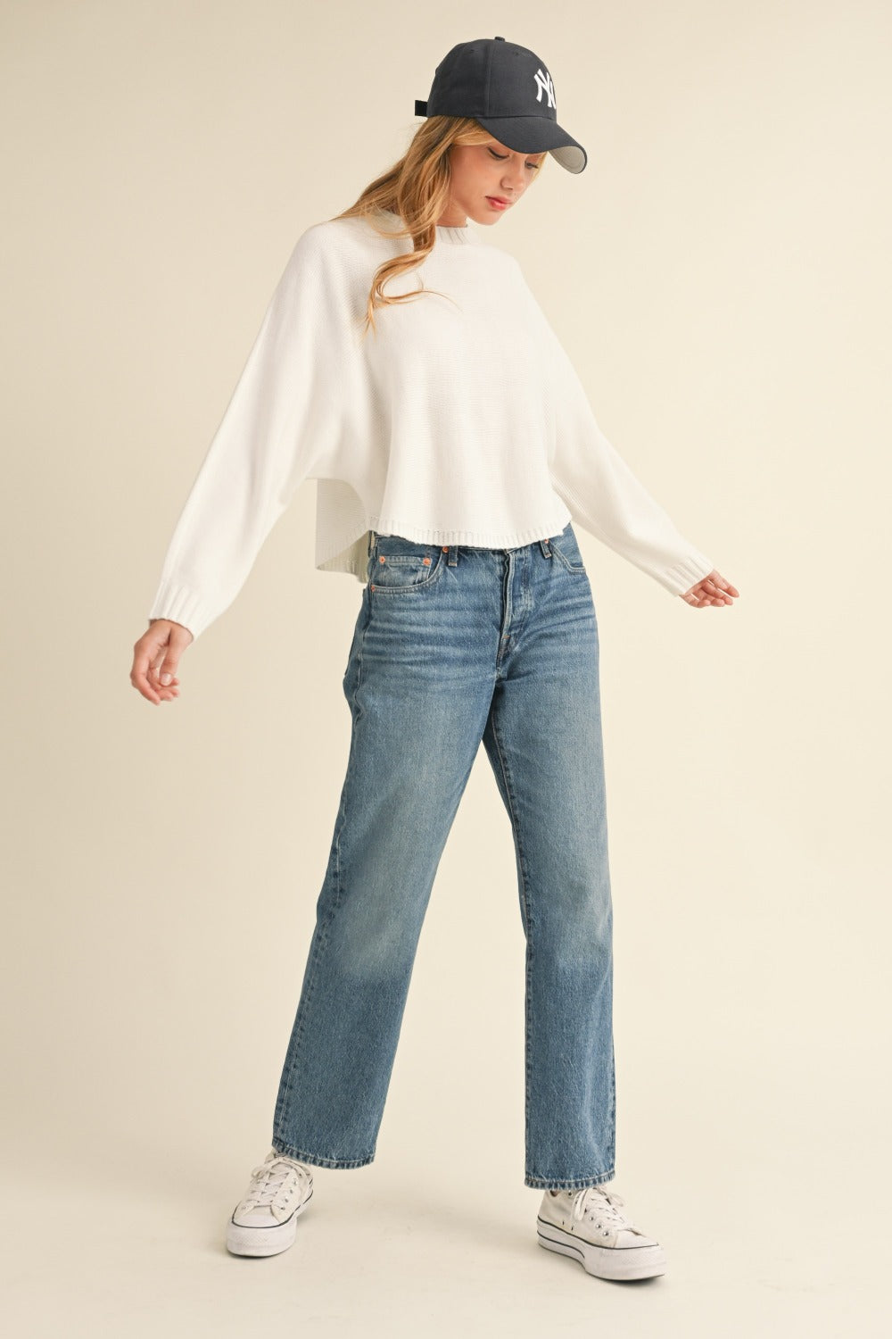 Off White Round Neck Dolman Sleeve Cropped Sweater