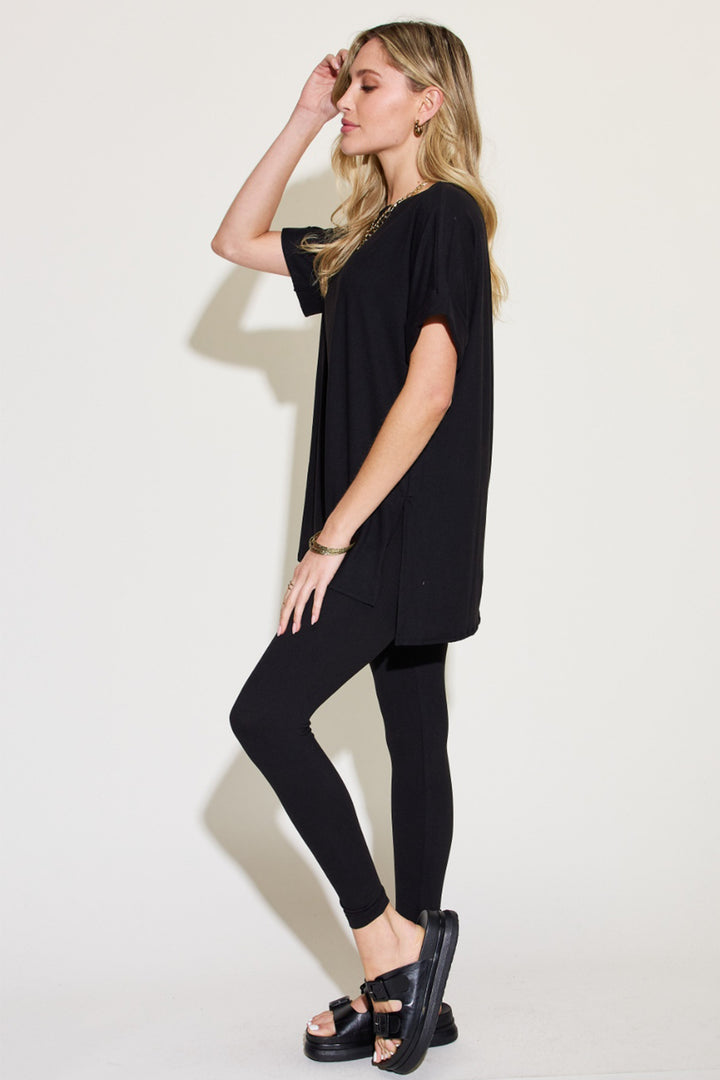 Black Short Sleeve Slit T-Shirt and Leggings Lounge Set