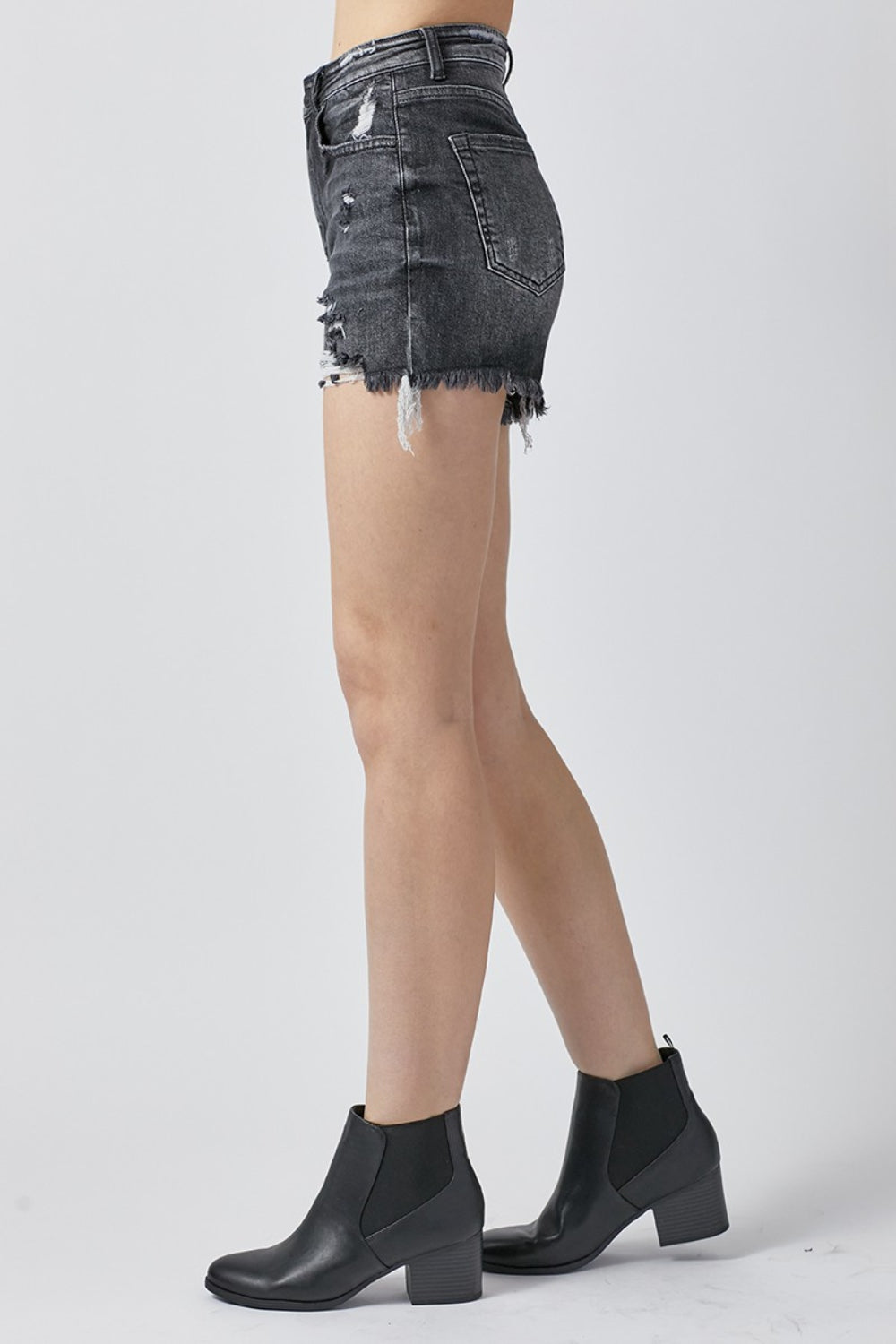 High Rise Distressed Denim Shorts Black