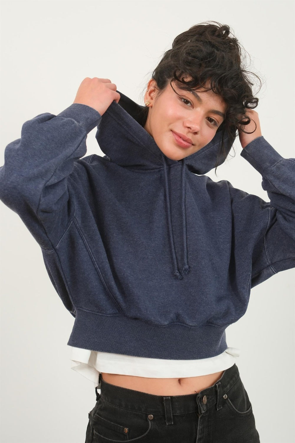 Dark Blue Drop Shoulder Cropped Hoodie