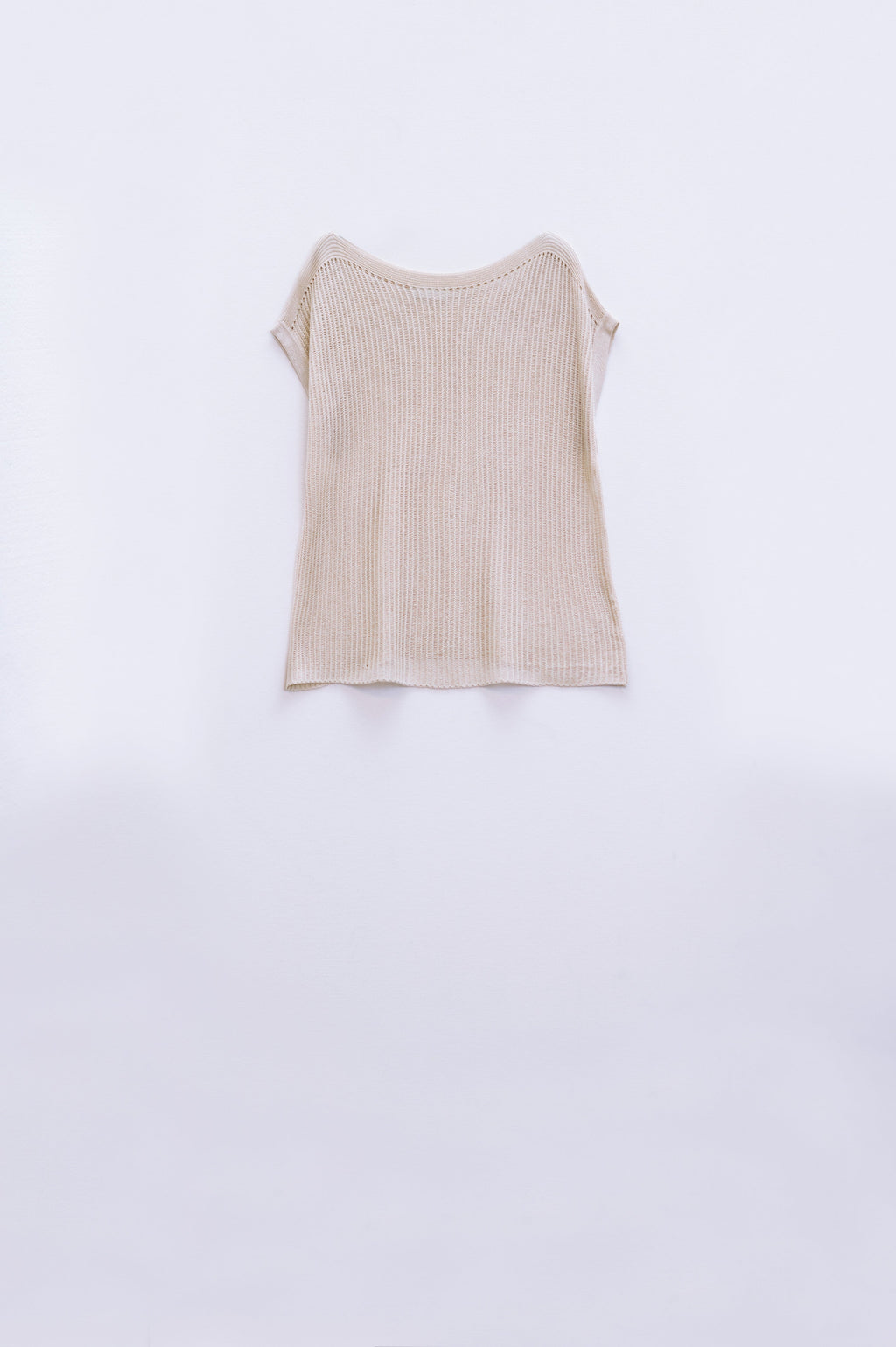 Boat Neck Ribbed Sweater with Cap Sleeves in Beige