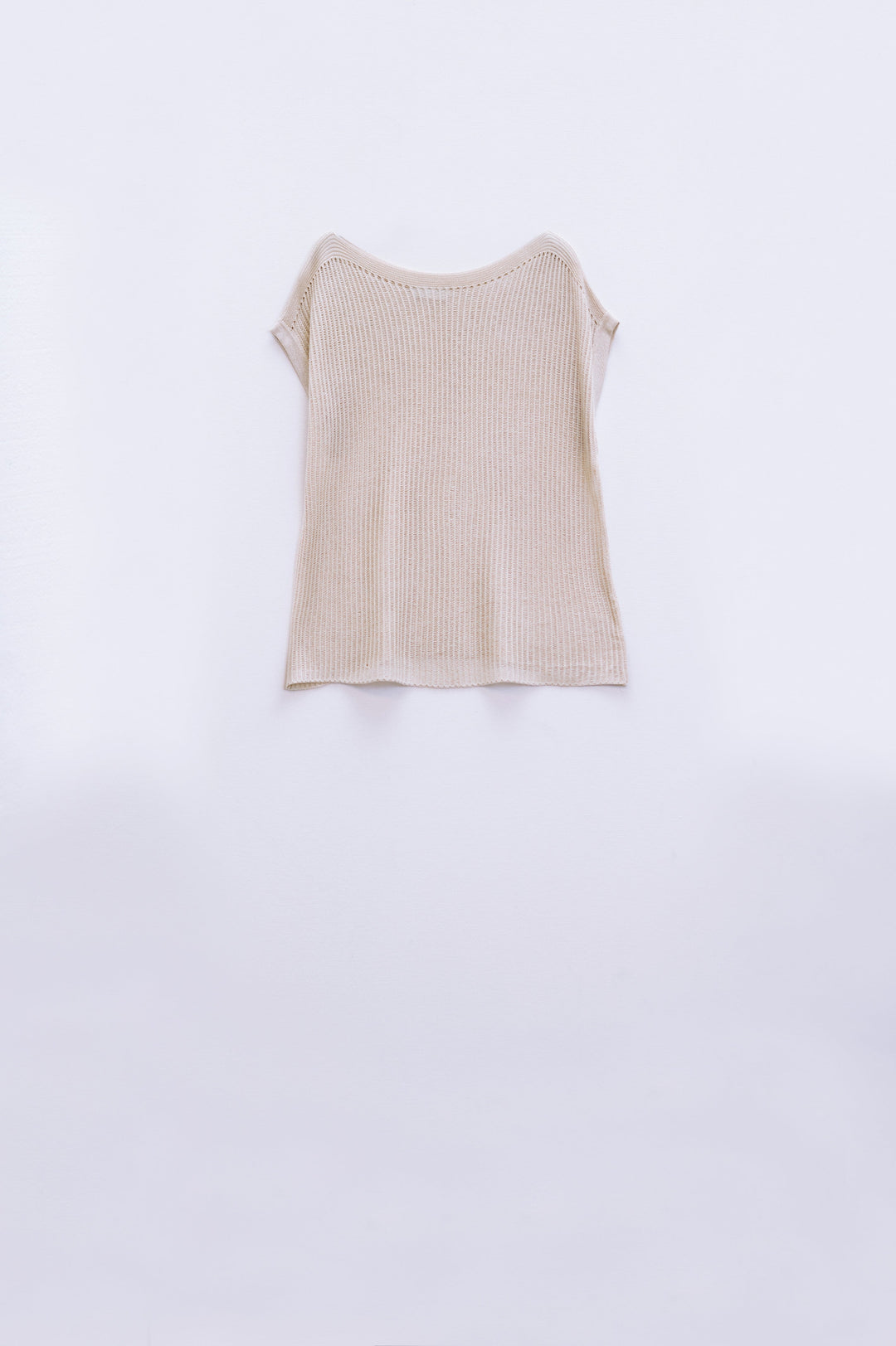 Boat Neck Ribbed Sweater with Cap Sleeves in Beige