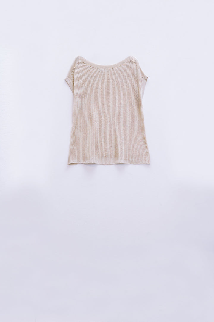 Boat Neck Ribbed Sweater with Cap Sleeves in Beige