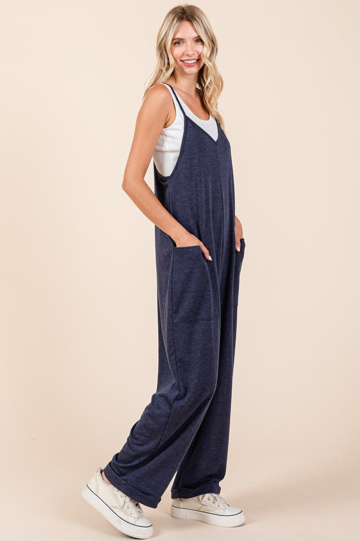 Navy Blue Patch Pocket Wide Leg Sleeveless Jumpsuit