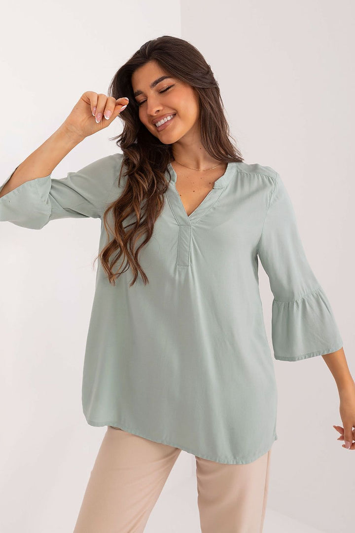 Blouse with V-Neck and 3/4 Sleeve Sage