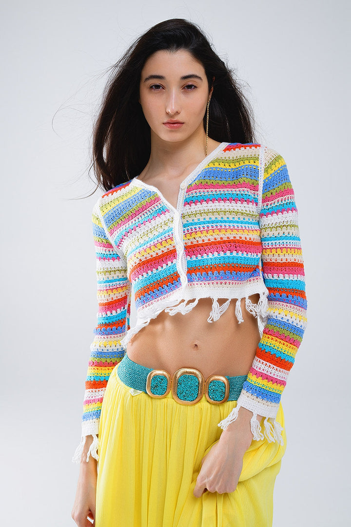 Cropped Crochet Cardigan in Multicolor Stripe