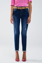 Distressed Dark Wash Super Skinny Jeans in Stretch Denim