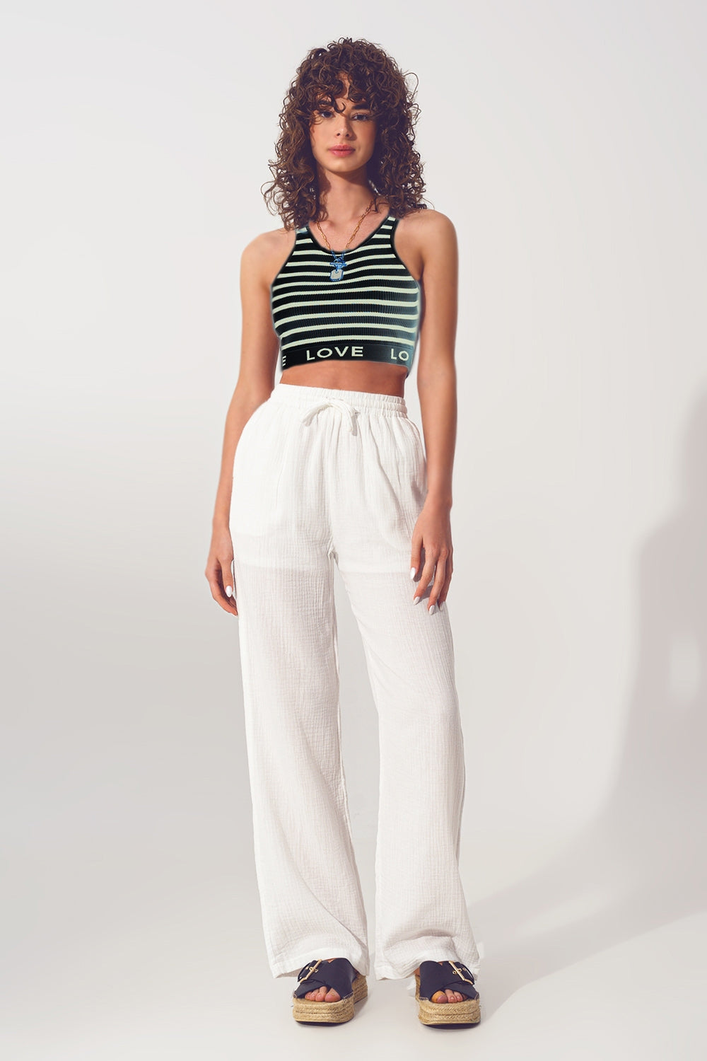 Striped Cropped Top with Love Text in Black and Beige