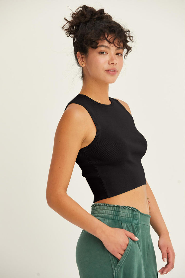 Black Ribbed Knit Cropped Tank