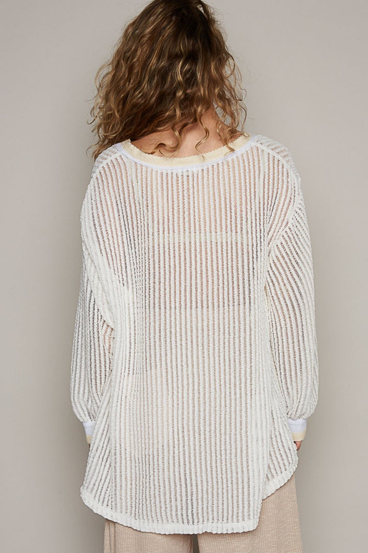 Off White V-Neck Long Sleeve Crochet Top