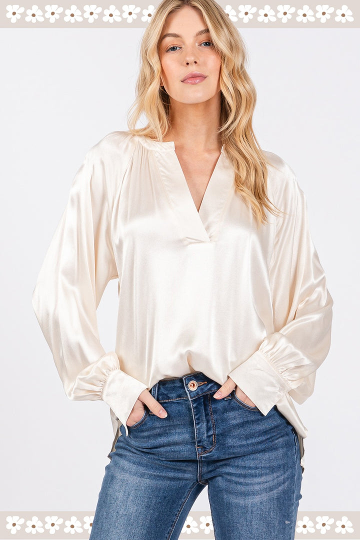 Ivory Notched Long Sleeve Blouse