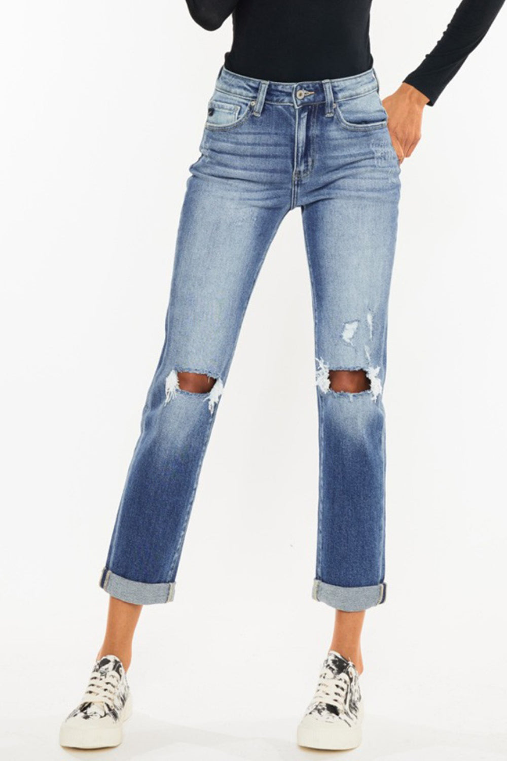 Mid Washed High Waist Distressed Hem Detail Cropped Straight Jeans