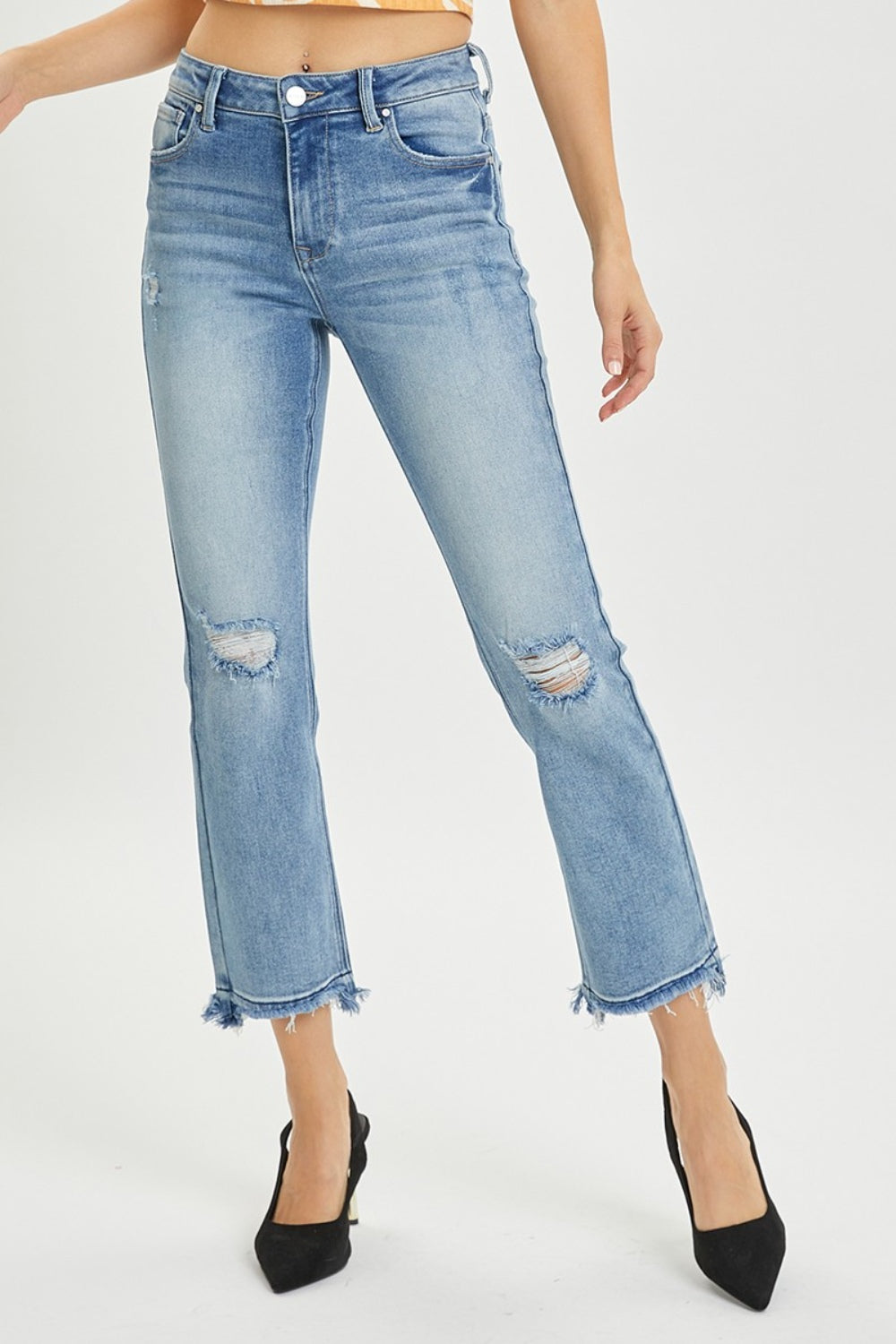 Mid Wash High Rise Distressed Cropped Straight Jeans
