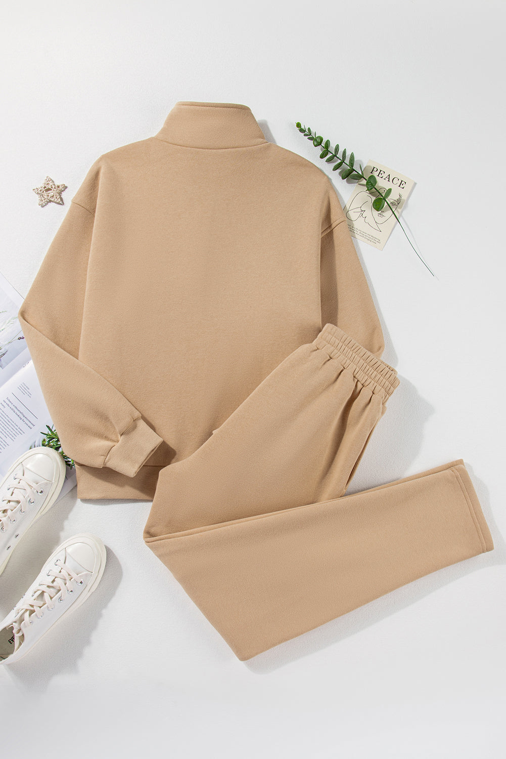 Half Snap Turtleneck Top and Pants Active Set Taupe