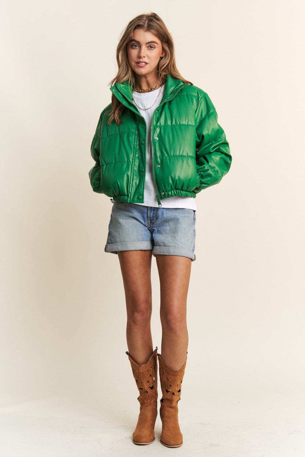 Green Turtleneck Snap and Zipper Closure Crop Puff Jacket