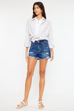 High Rise Frayed Hem Dark Denim Shorts