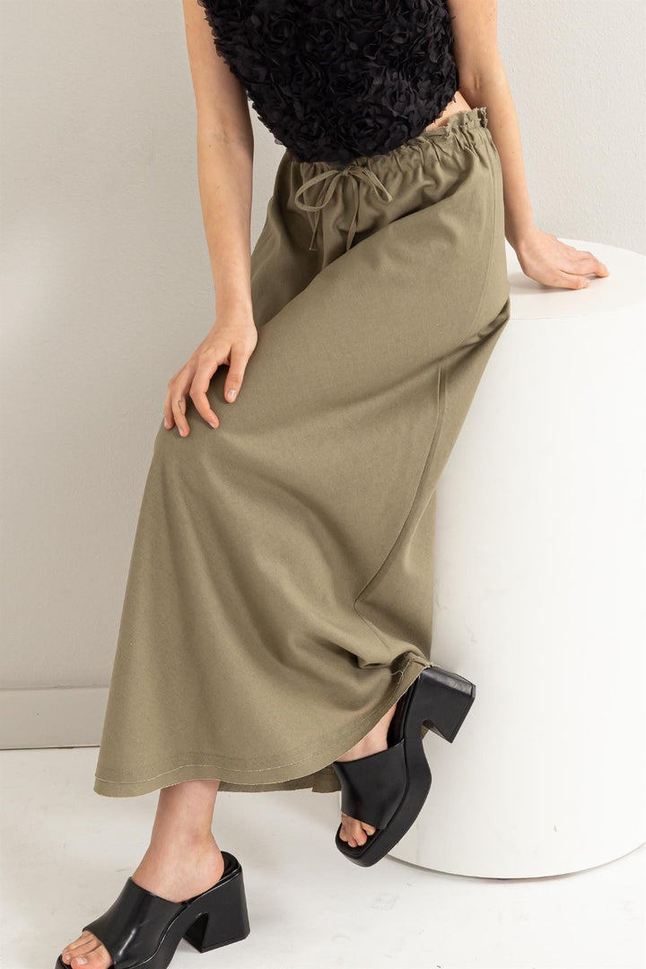 Drawstring Washed Linen Maxi Skirt Olive