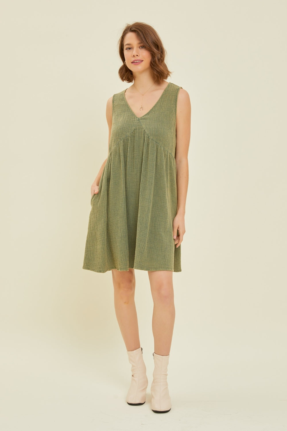 Olive Green Full Size Texture V-Neck Sleeveless Flare Mini Dress