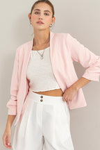 Blush Open Front Ruched Sleeve Blazer