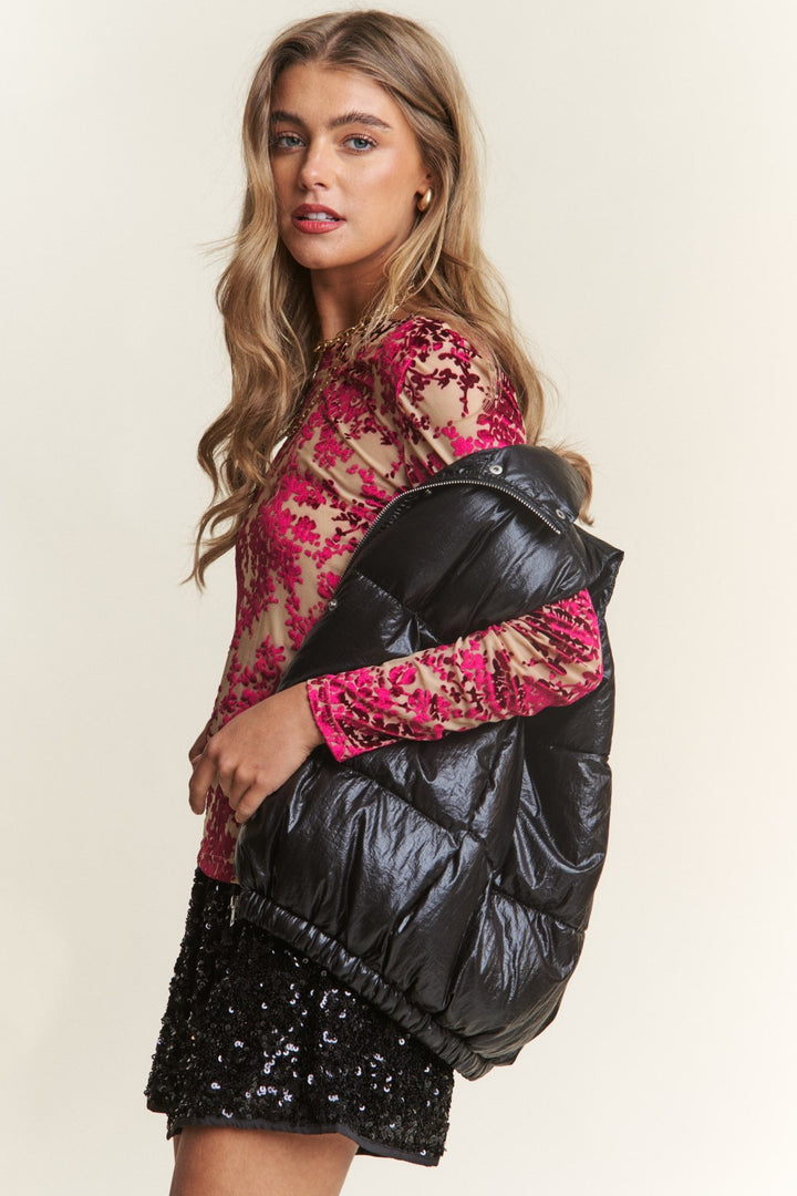 Black Snap and Zipper Shiny Metallic Puffer Vest