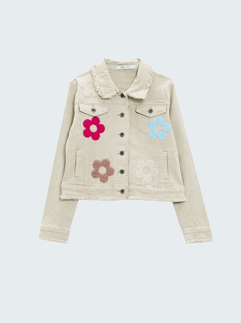 Beige Denim Jacket with Embroided Flowers